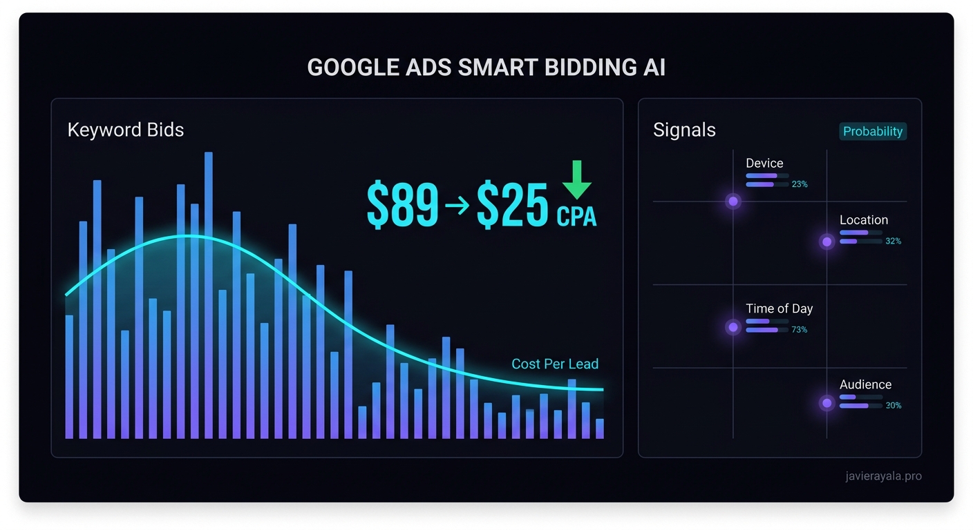 Google Ads Smart Bidding AI lowers cost per lead.