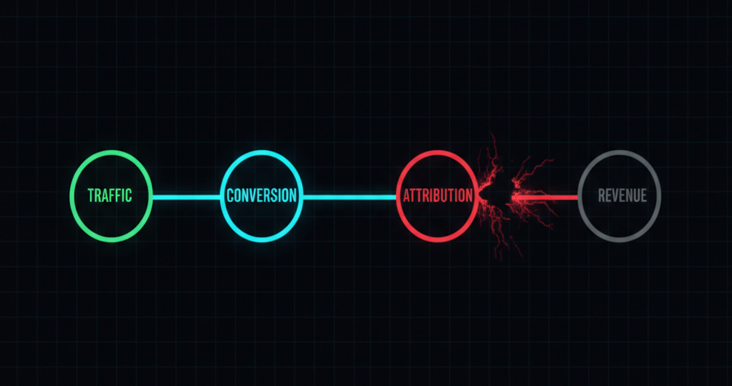 Traffic, conversion, attribution and revenue as a chain of nodes, with the link between attribution and revenue broken.
